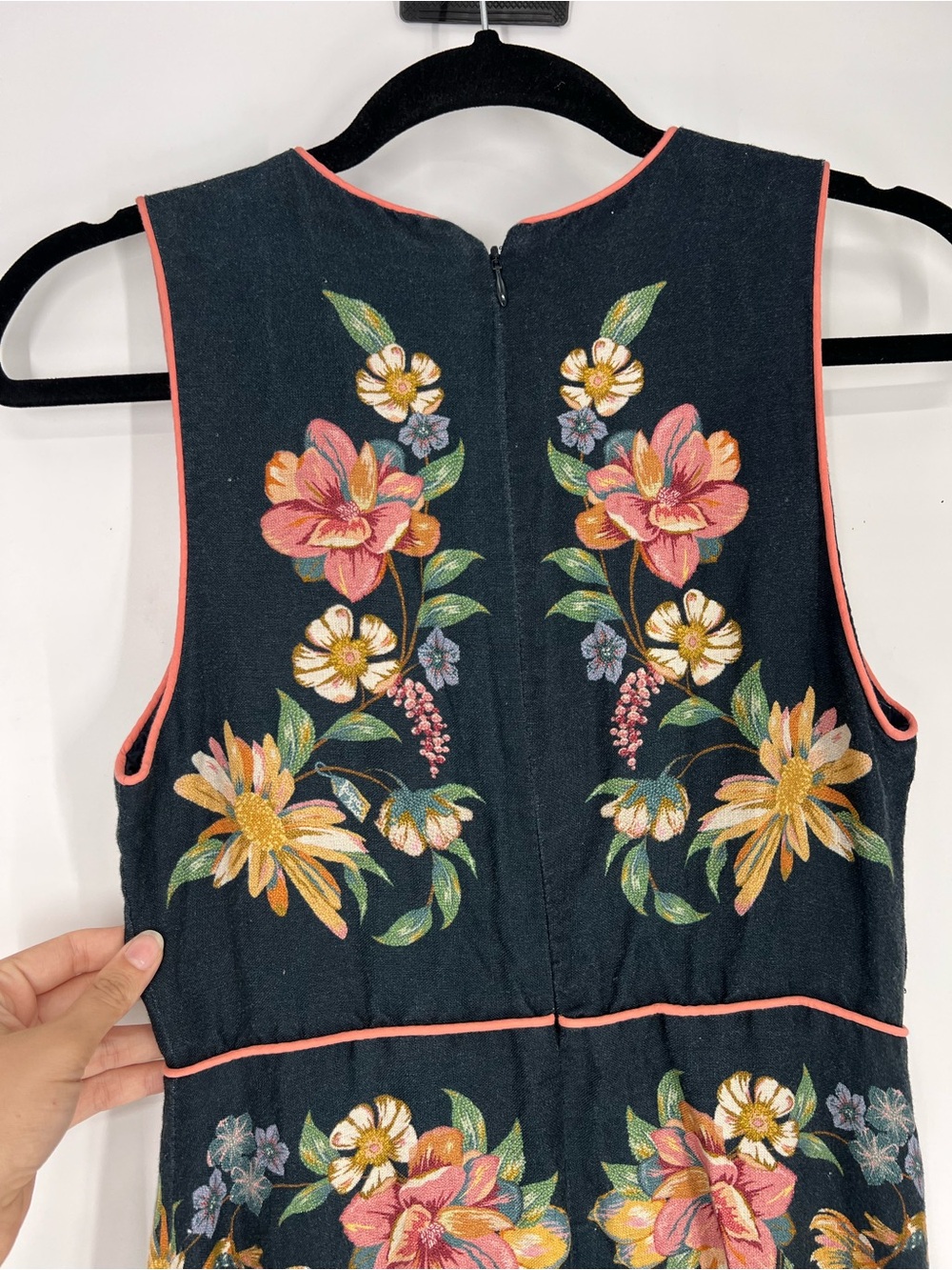 Farm Rio Linen Navy Floral Drop Waist Sleeveless Scalloped V Neck Midi Dress S - Picture 10 of 10
